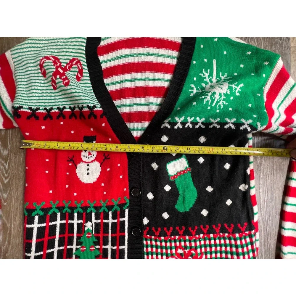 Eyeshadow Cardigan Sweater Womens Large Red Green Patchwork‎ Ugly Christmas Knit